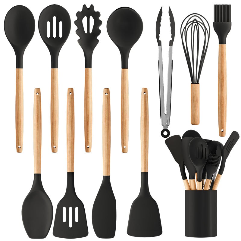 Weozhcie Silicone Cooking Utensil Set,12 PCS Cooking Cookware Kitchen Utensils Set for Cooking, Nonstick 446Â°F Heat-Resistant Cookware Kitchen Tools of Spoon,Brush,Whisk,Spatula,Turner Tongs (Black) - Image 1