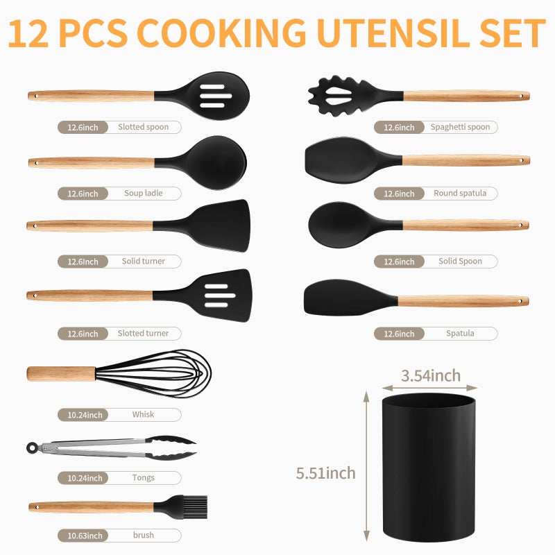 Weozhcie Silicone Cooking Utensil Set,12 PCS Cooking Cookware Kitchen Utensils Set for Cooking, Nonstick 446Â°F Heat-Resistant Cookware Kitchen Tools of Spoon,Brush,Whisk,Spatula,Turner Tongs (Black) - Image 2