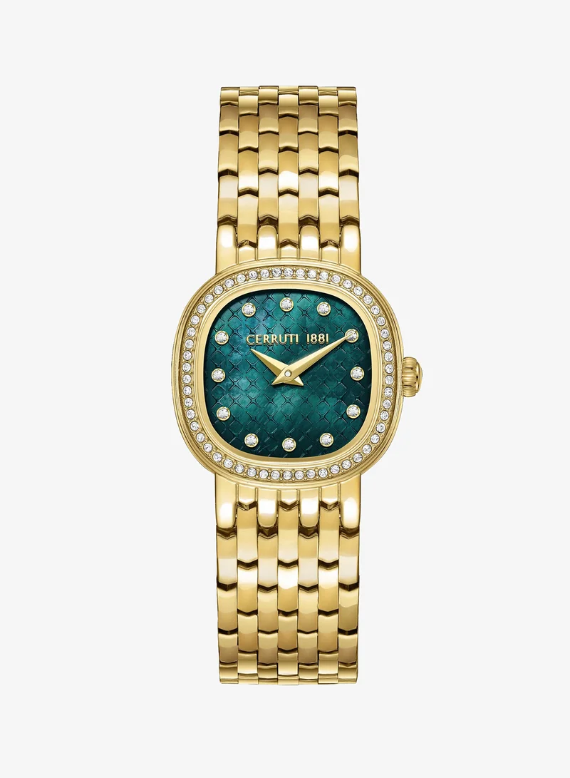CERRUTI 1881 Gresta Analog Women's Watch - Green Smoke Mother of Pearl Dial, Crystal Indexes, Gold Plated Bracelet