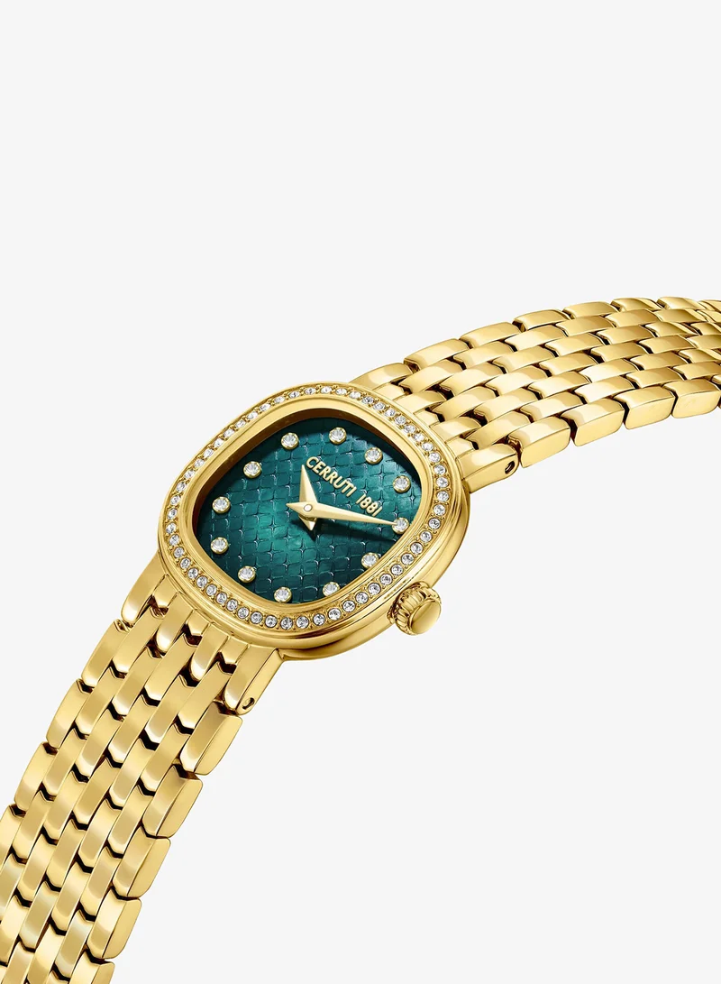 CERRUTI 1881 Gresta Analog Women's Watch - Green Smoke Mother of Pearl Dial, Crystal Indexes, Gold Plated Bracelet