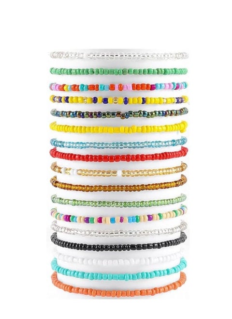 Colorful Beads Anklet Boho Bracelets Elastic Handmade Multilayer Bead Beach Jewelry Accessories for Women 17 Pieces