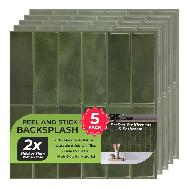 SELECT LIGHTING 5 Pack Peel and Stick Backsplash Subway Tiles, Extra Thick 3D Wall Panels, Heat & Water Resistant, Easy DIY Kitchen, Bathroom, Laundry, Fireplace & Rental Home Wall DÃ©cor (12 x 12 in), Green - Image 1