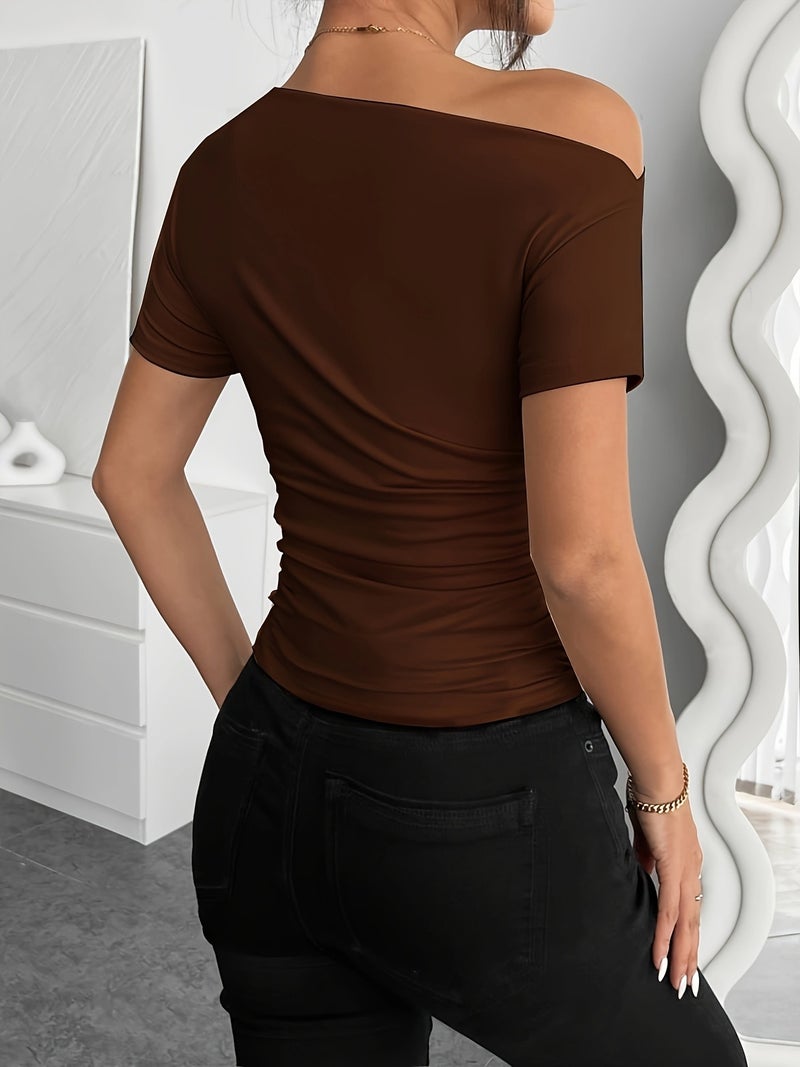 Solid Color One - Shoulder Pleated Asymmetrical Slim - Fit T - Shirt - Coffee Brown / S - Image 3