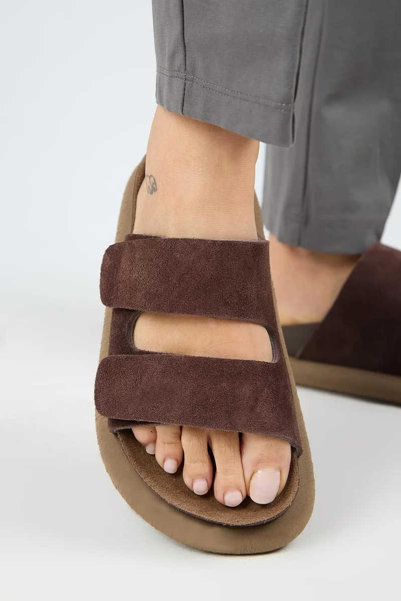 Manijero Manijero Lillo Women's Genuine Leather Double Velcro Light Brown Slippers