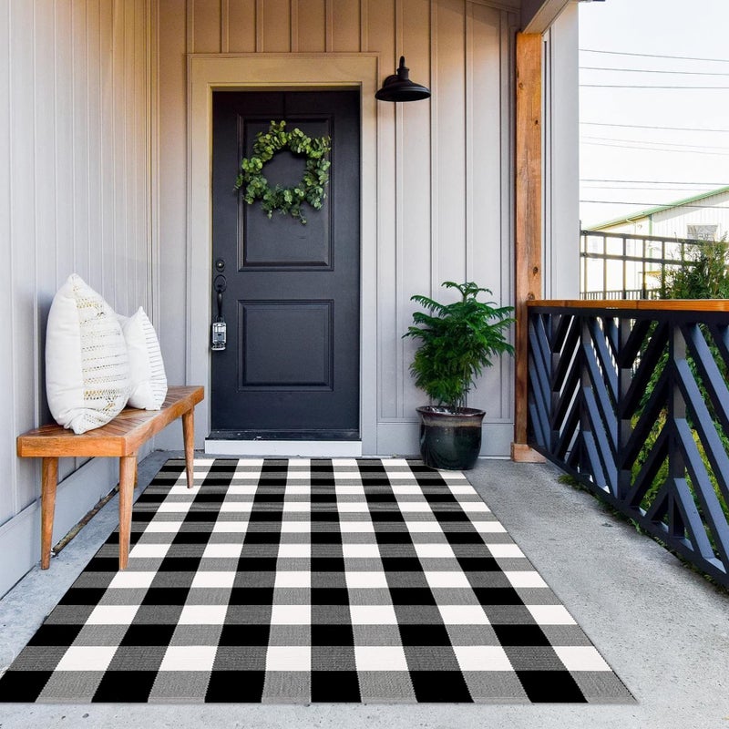 MUBIN Cotton Buffalo Plaid Rug  4x6 ft Black and White Checked Outdoor Rug Front Door Decorative Mat  Hand-Woven Reversible Foldable Rug for Layered Door Mats Washable Carpet for Front Porch  Entryway - Image 1