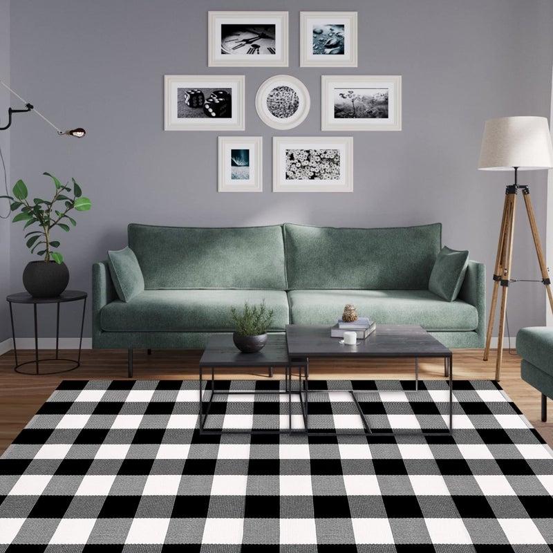 MUBIN Cotton Buffalo Plaid Rug  4x6 ft Black and White Checked Outdoor Rug Front Door Decorative Mat  Hand-Woven Reversible Foldable Rug for Layered Door Mats Washable Carpet for Front Porch  Entryway - Image 3