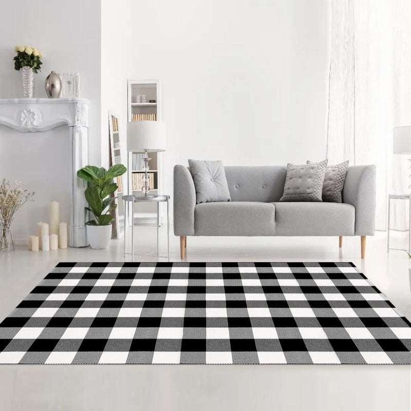 MUBIN Cotton Buffalo Plaid Rug  4x6 ft Black and White Checked Outdoor Rug Front Door Decorative Mat  Hand-Woven Reversible Foldable Rug for Layered Door Mats Washable Carpet for Front Porch  Entryway - Image 4