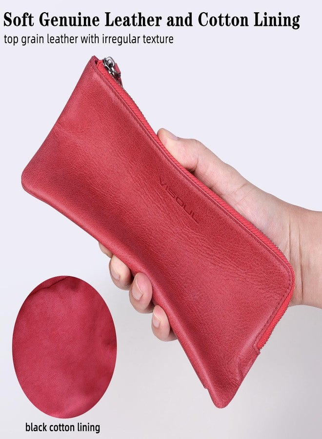 VISOUL Long Zipper Cash Wallet with Removable Credit Card Holder Genuine Soft Leather-Light Red - Image 5