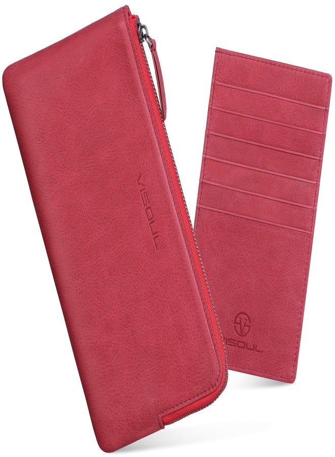 VISOUL Long Zipper Cash Wallet with Removable Credit Card Holder Genuine Soft Leather-Light Red - Image 1