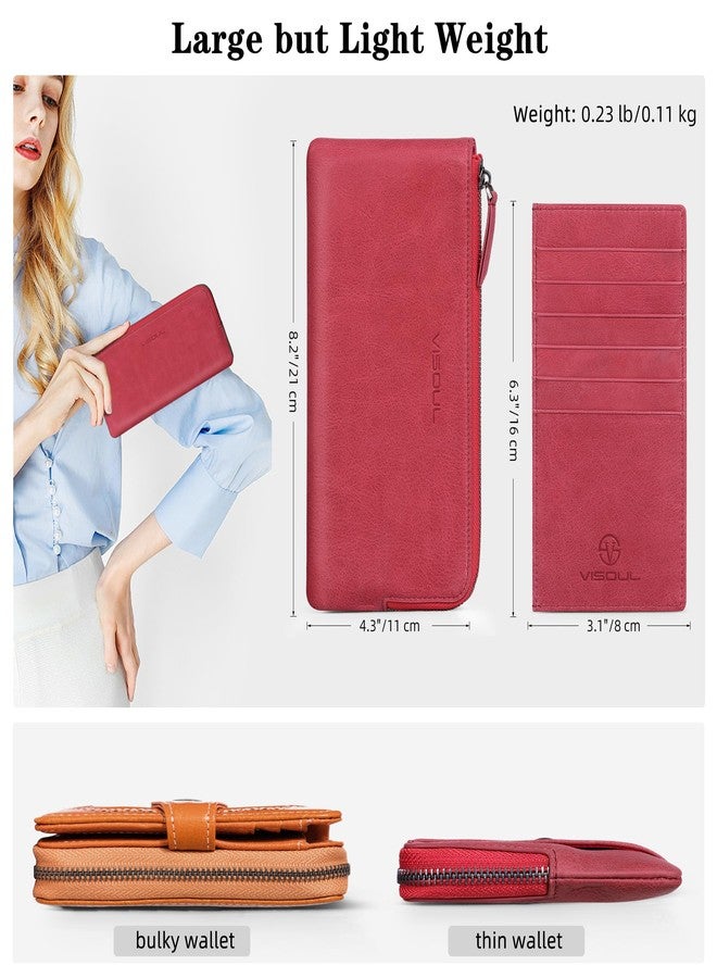 VISOUL Long Zipper Cash Wallet with Removable Credit Card Holder Genuine Soft Leather-Light Red - Image 4