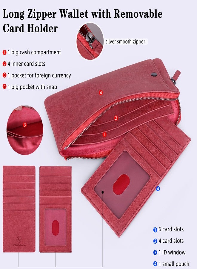 VISOUL Long Zipper Cash Wallet with Removable Credit Card Holder Genuine Soft Leather-Light Red - Image 2