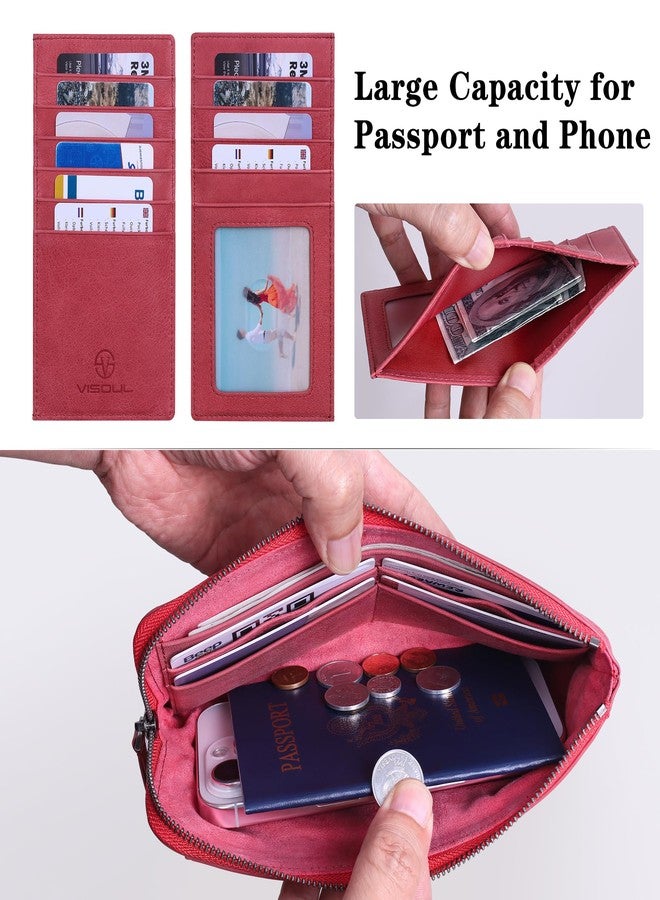 VISOUL Long Zipper Cash Wallet with Removable Credit Card Holder Genuine Soft Leather-Light Red - Image 3