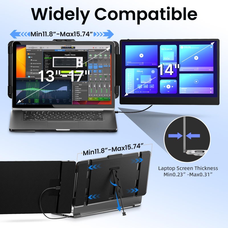 BOSII Laptop Screen Extender Monitor - 14 Inch Dual IPS FHD 1080P HDMI/USB-A/Type-C Extended Portable Monitor for Laptops (Maximum Length: 15.74") Compatible with Windows Mac Travel Work - Image 3