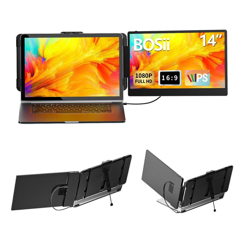BOSII Laptop Screen Extender Monitor - 14 Inch Dual IPS FHD 1080P HDMI/USB-A/Type-C Extended Portable Monitor for Laptops (Maximum Length: 15.74") Compatible with Windows Mac Travel Work - Image 1