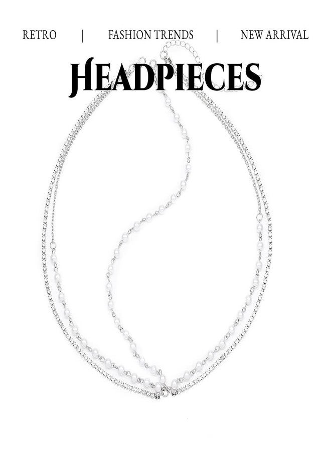Fdesigner Boho Pearl Head Chain Jewelry Crystal Headpieces Wedding Rhinestone Headband Hair Accessories for Women (Silver) - Image 5