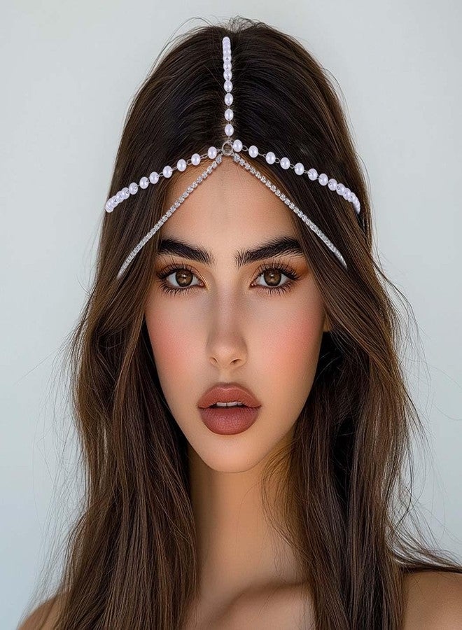 Fdesigner Boho Pearl Head Chain Jewelry Crystal Headpieces Wedding Rhinestone Headband Hair Accessories for Women (Silver) - Image 4