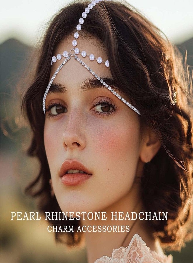 Fdesigner Boho Pearl Head Chain Jewelry Crystal Headpieces Wedding Rhinestone Headband Hair Accessories for Women (Silver) - Image 2