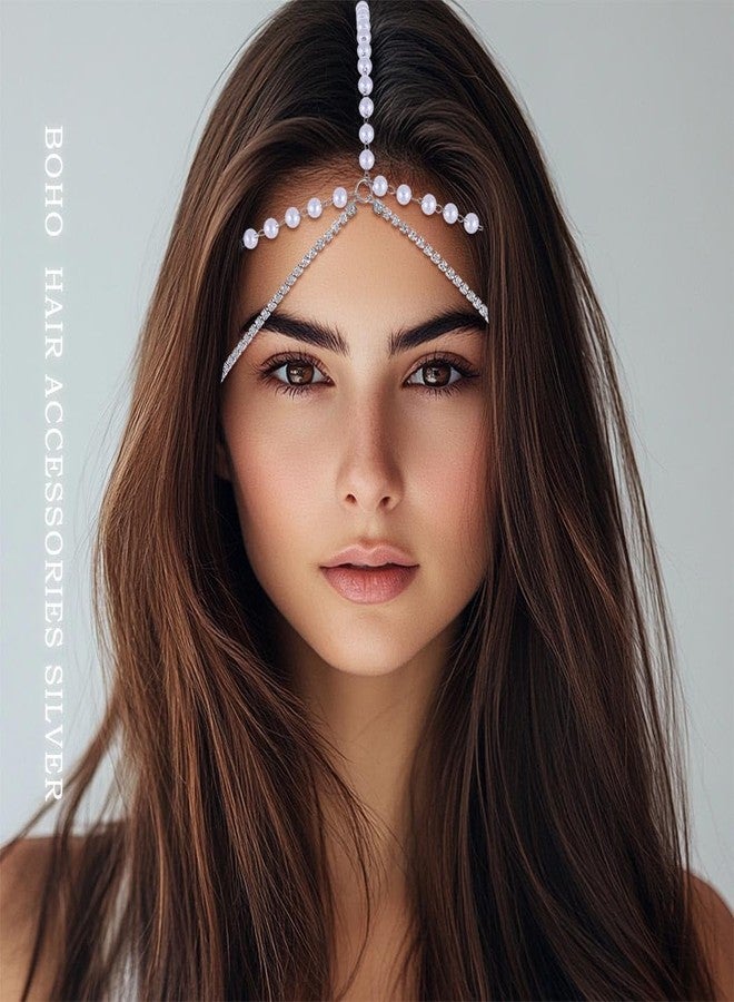 Fdesigner Boho Pearl Head Chain Jewelry Crystal Headpieces Wedding Rhinestone Headband Hair Accessories for Women (Silver) - Image 3