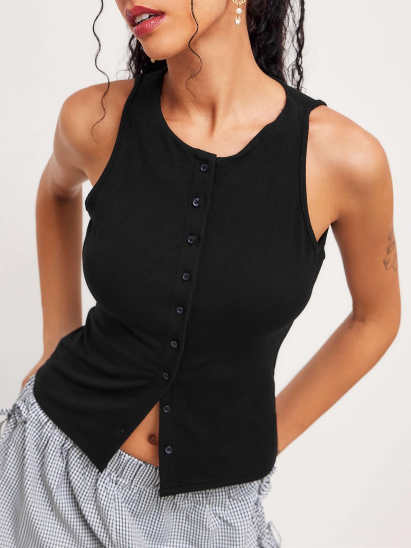 CIDER Women Button Down Going Out Vest Tops Ribbed Y2K Tank Tops Black - Image 2