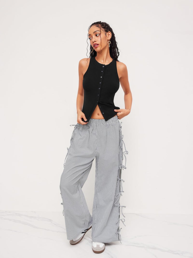 CIDER Women Button Down Going Out Vest Tops Ribbed Y2K Tank Tops Black - Image 3