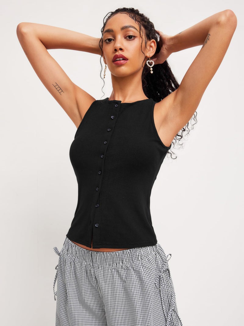 CIDER Women Button Down Going Out Vest Tops Ribbed Y2K Tank Tops Black - Image 4