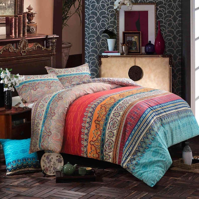 COMFORTER SET QUEEN SIZE 3PC BOHO RED BLUE COLORFUL RETRO STRIPED PATTERN PRINT 88 X 90 INCH REVERSIBLE COMFORTER MICROFIBER DUVET SETS BEDDING BOHEMIAN EXOTIC MODERN FARMHOUSE FOR MEN WOMEN