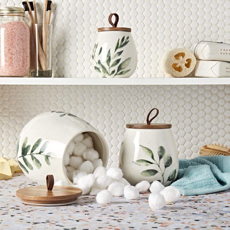 TTU Tabletops Gallery Ceramic Canister Collection- Stoneware Designed Kitchen Storage Acacia Wood White Set, 3 Piece Green Leaf Canister Set - Image 2