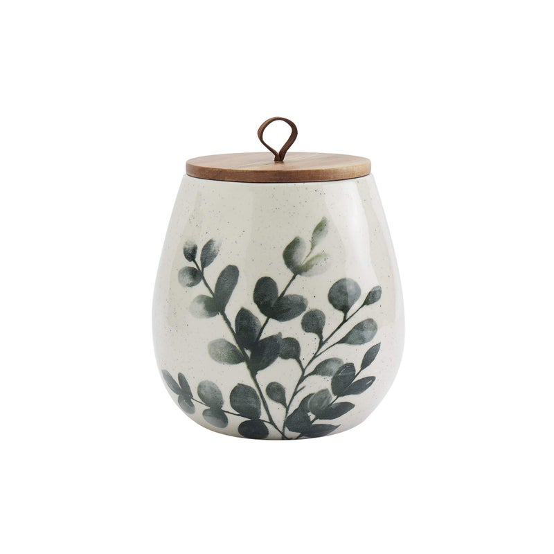 TTU Tabletops Gallery Ceramic Canister Collection- Stoneware Designed Kitchen Storage Acacia Wood White Set, 3 Piece Green Leaf Canister Set - Image 4