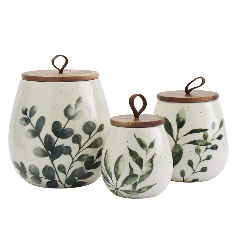 TTU Tabletops Gallery Ceramic Canister Collection- Stoneware Designed Kitchen Storage Acacia Wood White Set, 3 Piece Green Leaf Canister Set - Image 1