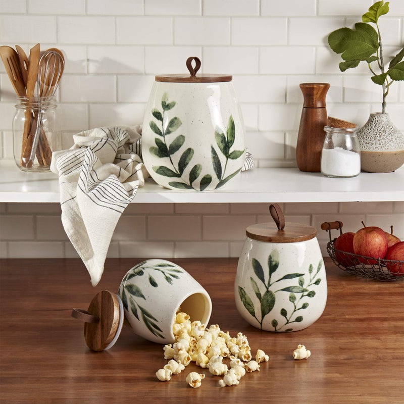 TTU Tabletops Gallery Ceramic Canister Collection- Stoneware Designed Kitchen Storage Acacia Wood White Set, 3 Piece Green Leaf Canister Set - Image 3