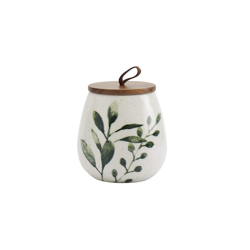 TTU Tabletops Gallery Ceramic Canister Collection- Stoneware Designed Kitchen Storage Acacia Wood White Set, 3 Piece Green Leaf Canister Set - Image 5