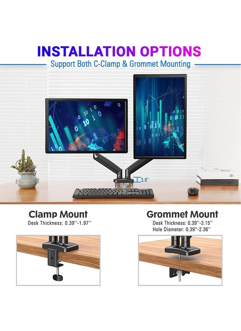 ELTRAZONE - Dual Gas Monitor Mount - Articulating Gas Spring Monitor Arm, Adjustable VESA Mount Desk Stand with Clamp and Grommet Base - Fits 13 to 32 inch (Dual Arm Gas Spring, Black) - Image 1