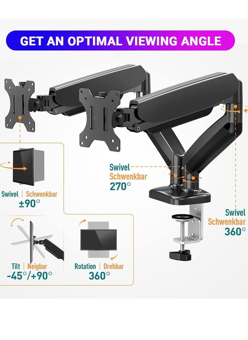 ELTRAZONE - Dual Gas Monitor Mount - Articulating Gas Spring Monitor Arm, Adjustable VESA Mount Desk Stand with Clamp and Grommet Base - Fits 13 to 32 inch (Dual Arm Gas Spring, Black) - Image 1