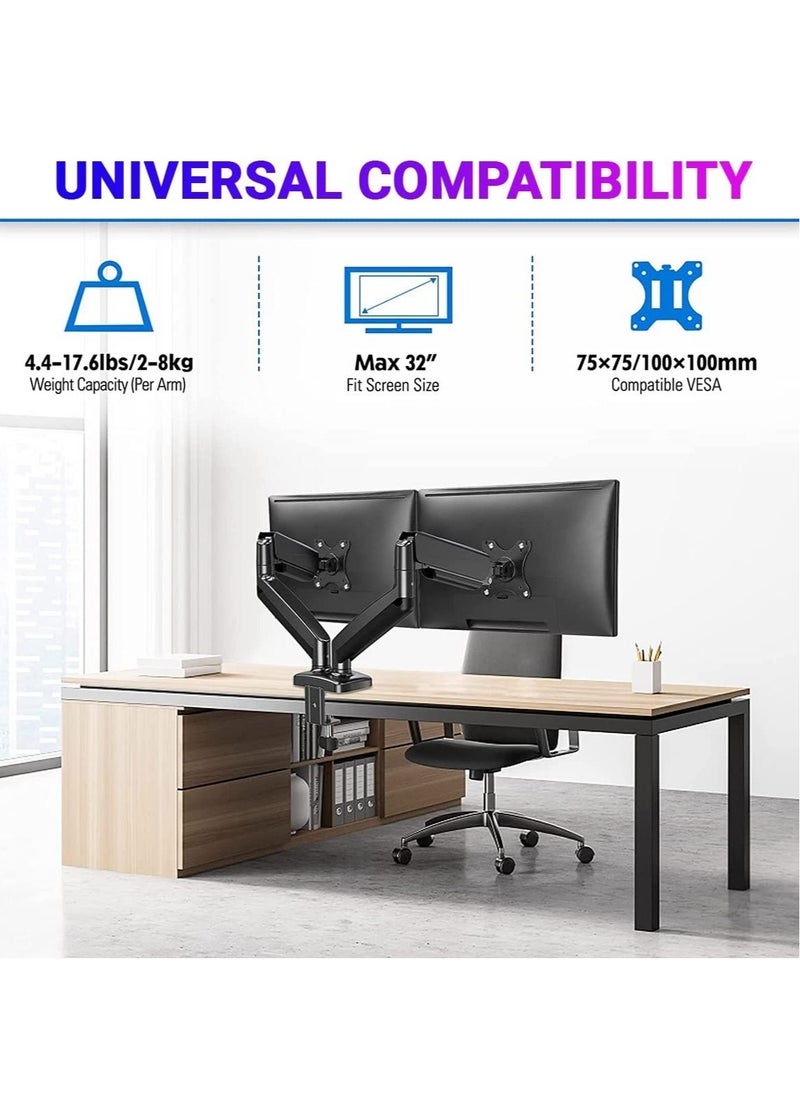 ELTRAZONE - Dual Gas Monitor Mount - Articulating Gas Spring Monitor Arm, Adjustable VESA Mount Desk Stand with Clamp and Grommet Base - Fits 13 to 32 inch (Dual Arm Gas Spring, Black) - Image 1