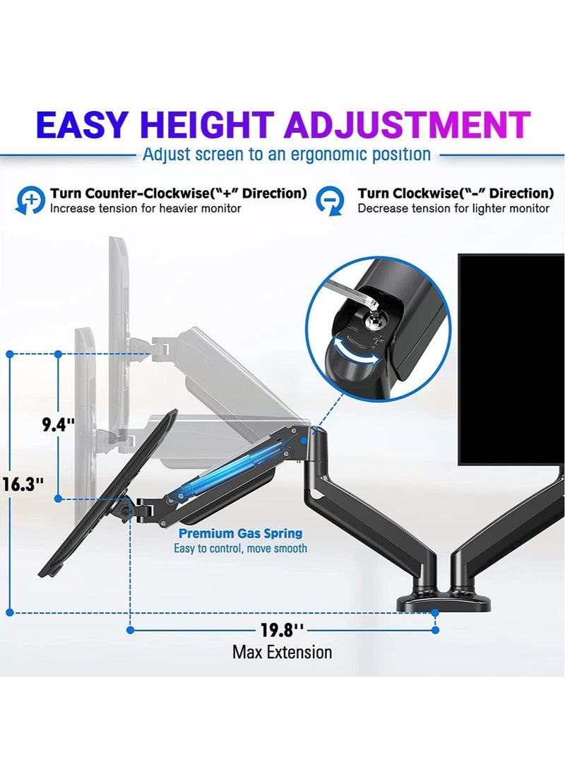 ELTRAZONE - Dual Gas Monitor Mount - Articulating Gas Spring Monitor Arm, Adjustable VESA Mount Desk Stand with Clamp and Grommet Base - Fits 13 to 32 inch (Dual Arm Gas Spring, Black) - Image 1