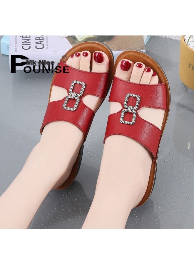 Pounise Slippers, Fashionable And Versatile, Suitable For Outdoor Wear, Lightweight And Comfortable For Mothers, Pdx-0588, Red, Size 39