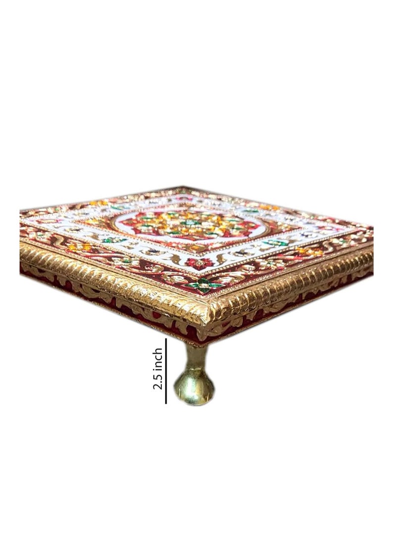 Generic Handcrafted Wood Minakari Chowki aluminium wrap Flower Design | Premium Quality Bajot with Metal Stand for Home & Office Decor Size (20 x 20 x 4)  - Image 1