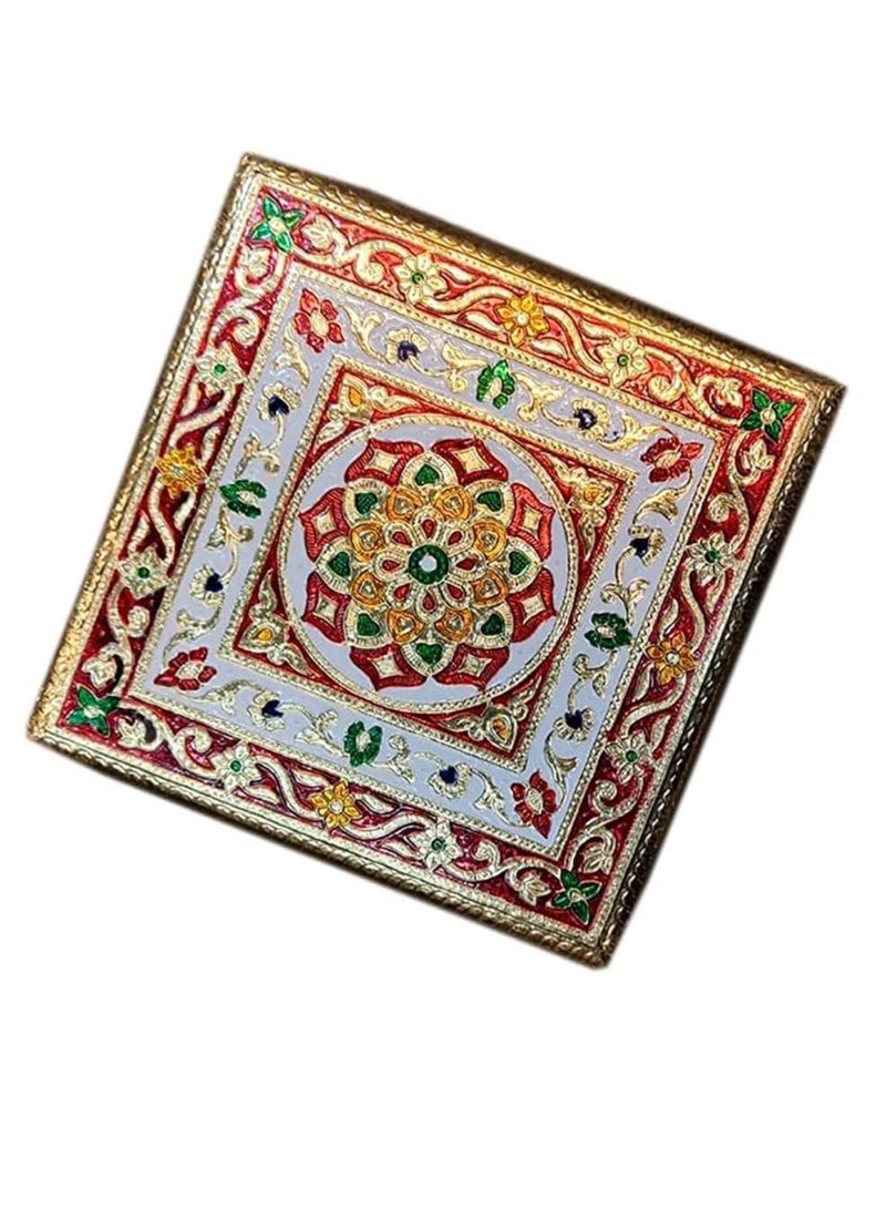 Generic Handcrafted Wood Minakari Chowki aluminium wrap Flower Design | Premium Quality Bajot with Metal Stand for Home & Office Decor Size (20 x 20 x 4)  - Image 3