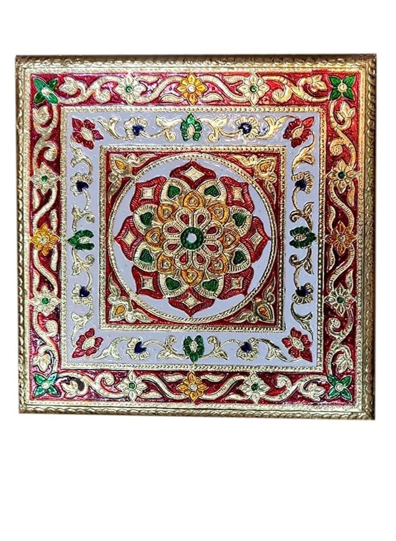 Generic Handcrafted Wood Minakari Chowki aluminium wrap Flower Design | Premium Quality Bajot with Metal Stand for Home & Office Decor Size (20 x 20 x 4)  - Image 2