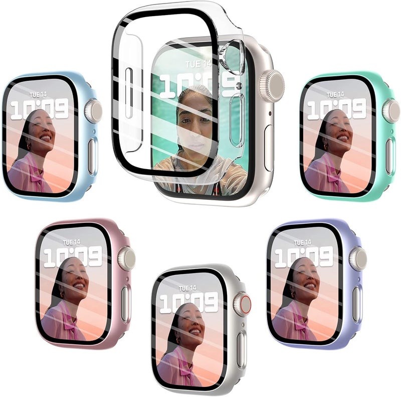 FULLIFE 6-Pack Hard PC Screen Protector Built-in Tempered Glass Case Compatible for Apple Watch 41mm Series 7,Overall Shockproof Bumper Suitable for iWatch 41mm,6 Colors - Image 1