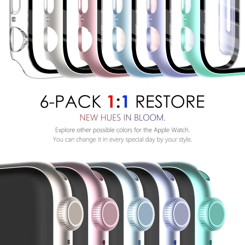 FULLIFE 6-Pack Hard PC Screen Protector Built-in Tempered Glass Case Compatible for Apple Watch 41mm Series 7,Overall Shockproof Bumper Suitable for iWatch 41mm,6 Colors - Image 2