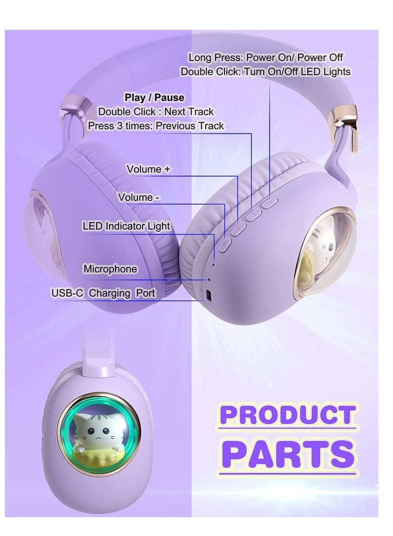 Y&D Kids Wireless Headphones Bluetooth Over Ear Headphones With Lovely Cat Colorful Led Lights Wireless&Wired Foldable Build-In Mic Bluetooth Headphones For Kids Girls Teens Adults(Purple) - Image 3