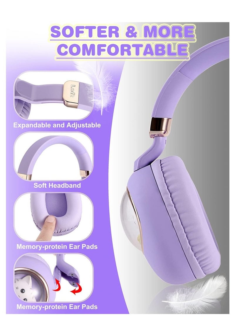 Y&D Kids Wireless Headphones Bluetooth Over Ear Headphones With Lovely Cat Colorful Led Lights Wireless&Wired Foldable Build-In Mic Bluetooth Headphones For Kids Girls Teens Adults(Purple) - Image 4