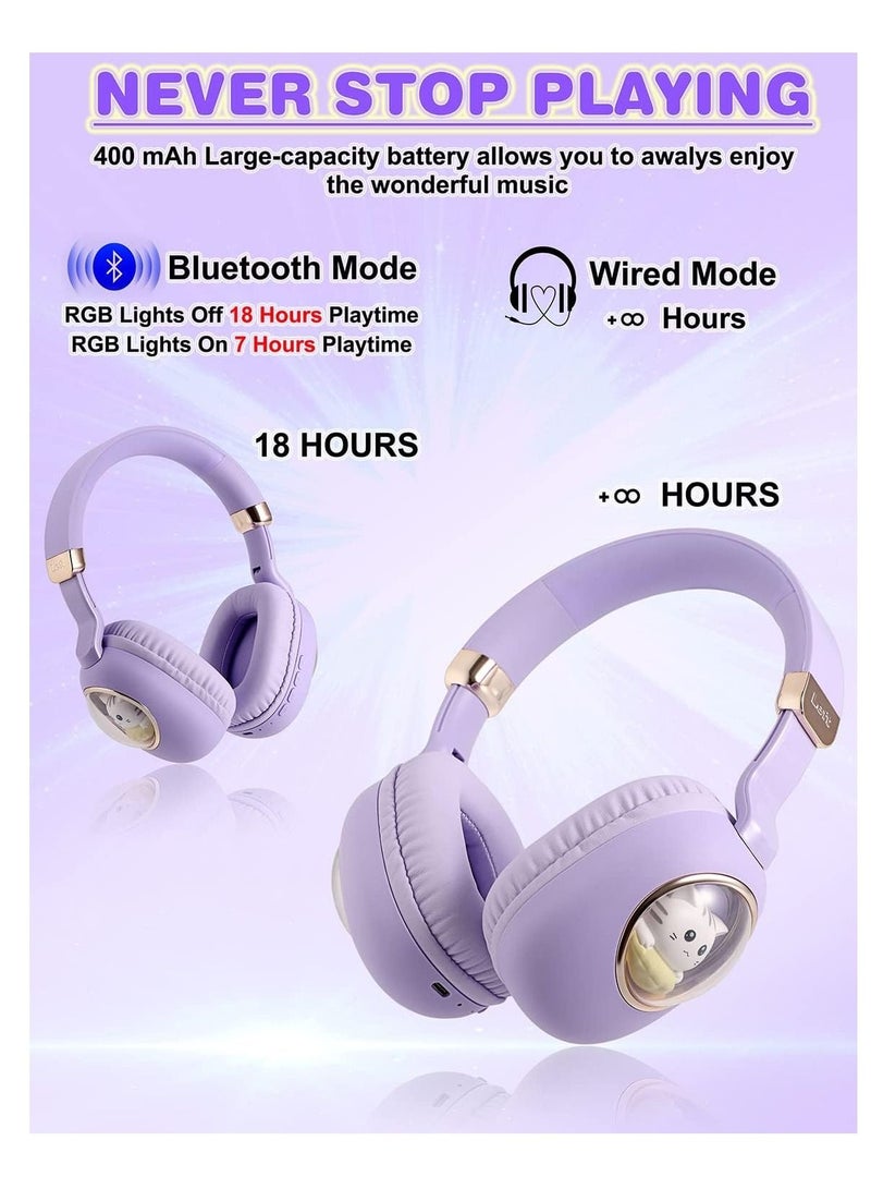 Y&D Kids Wireless Headphones Bluetooth Over Ear Headphones With Lovely Cat Colorful Led Lights Wireless&Wired Foldable Build-In Mic Bluetooth Headphones For Kids Girls Teens Adults(Purple) - Image 5
