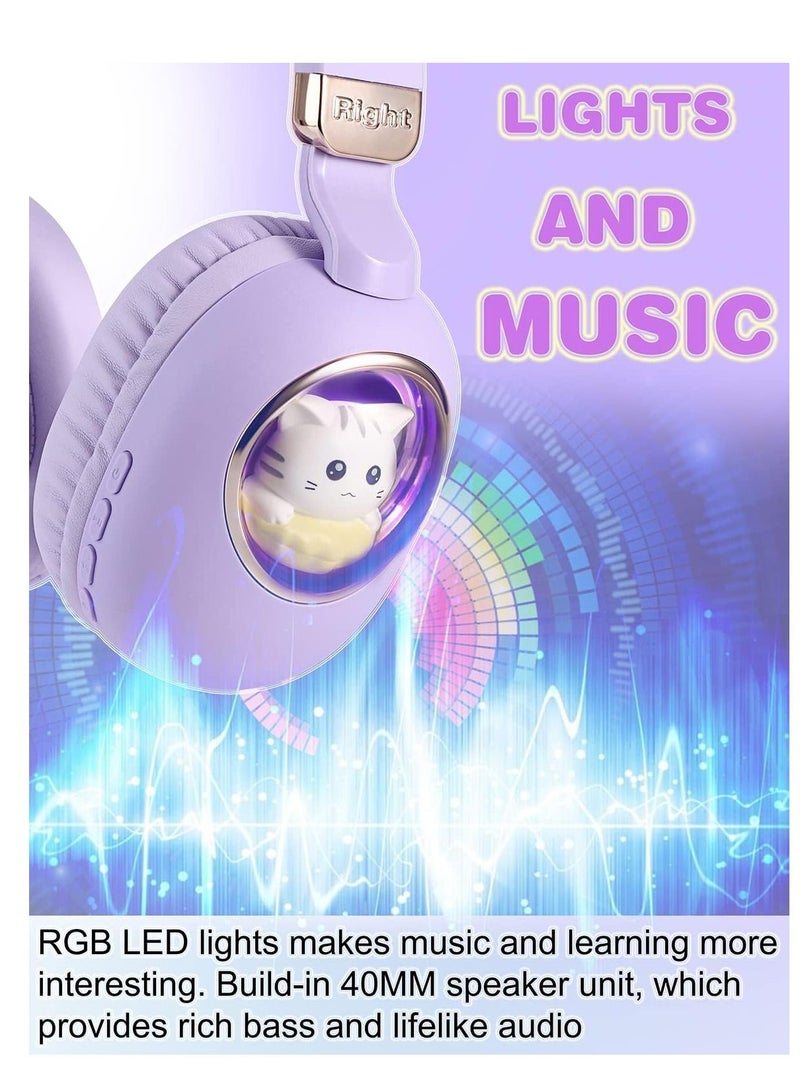 Y&D Kids Wireless Headphones Bluetooth Over Ear Headphones With Lovely Cat Colorful Led Lights Wireless&Wired Foldable Build-In Mic Bluetooth Headphones For Kids Girls Teens Adults(Purple) - Image 2