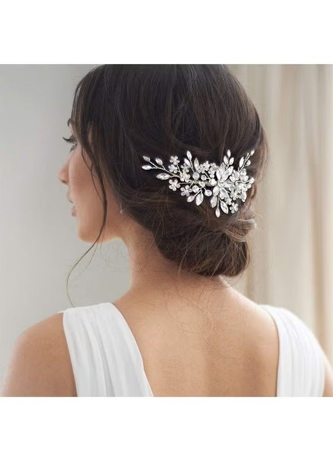 كريستال العروس الزفاف الشعر مشط الفضة حجر الراين زهرة الزفاف قطع الشعر الزفاف لؤلؤة الزفاف اكسسوارات الشعر للنساء والفتيات (فضي) - Image 1