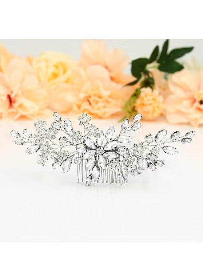 كريستال العروس الزفاف الشعر مشط الفضة حجر الراين زهرة الزفاف قطع الشعر الزفاف لؤلؤة الزفاف اكسسوارات الشعر للنساء والفتيات (فضي) - Image 2