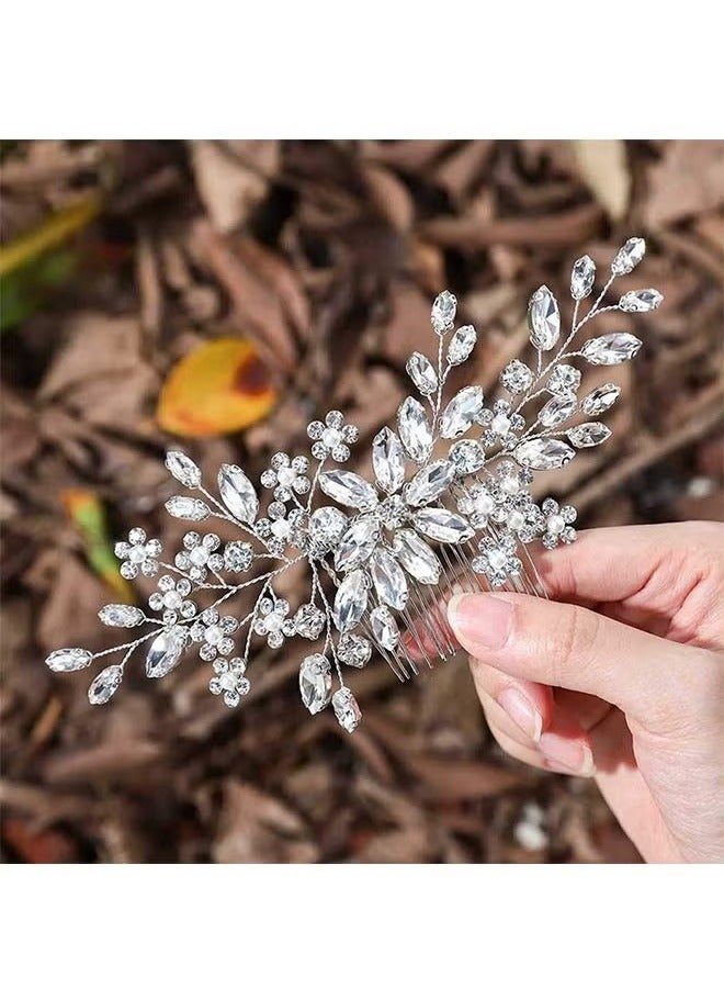 كريستال العروس الزفاف الشعر مشط الفضة حجر الراين زهرة الزفاف قطع الشعر الزفاف لؤلؤة الزفاف اكسسوارات الشعر للنساء والفتيات (فضي) - Image 3