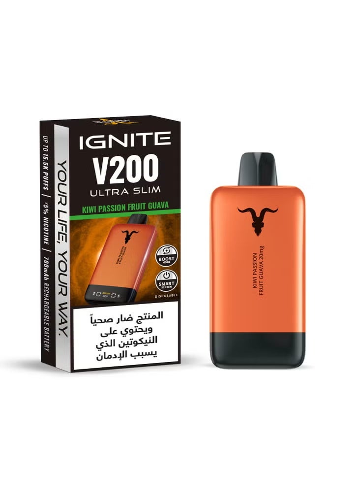 ignite V200 Ultra Slim Kiwi Passion Fruit Guava 20000 Puffs 20mg Nicotine Rechargeable Disposable Vape - Image 2