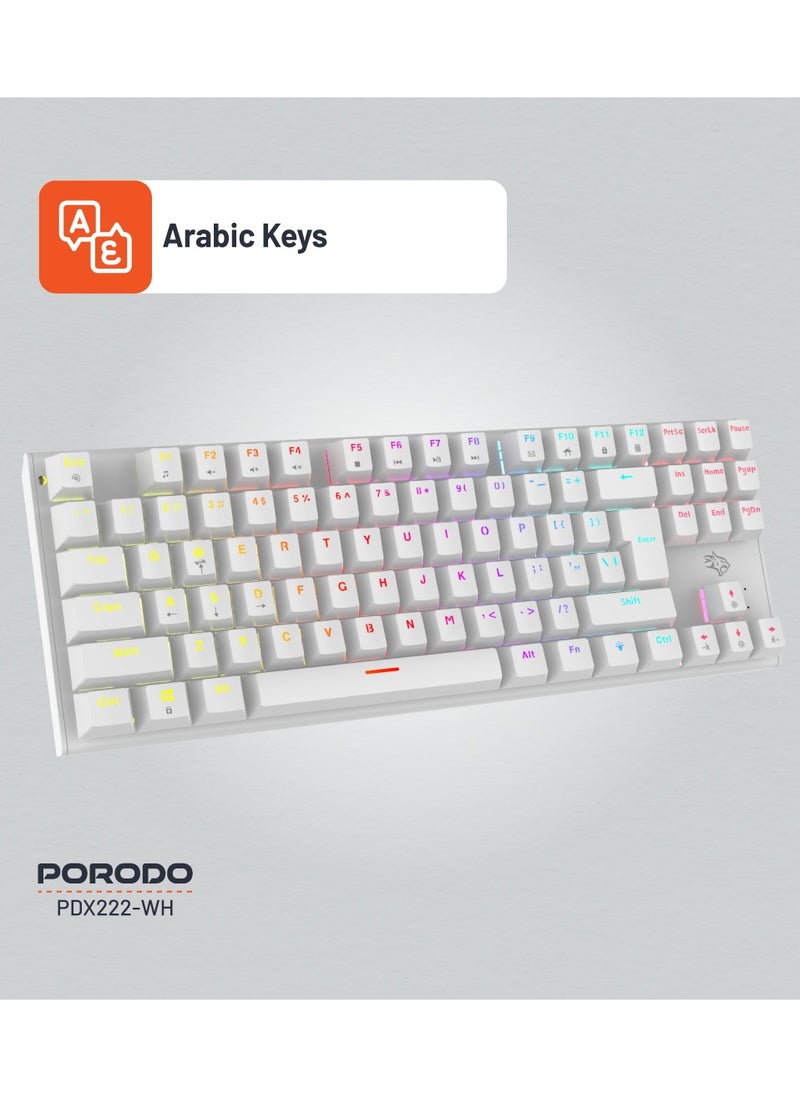 porodo Mechanical Keyboard with Suspending Keycaps and RGB Lights with 12 Lighting Modes/ English and Arabic Languages / Simultaneous Key Presses on 25 Keys / Sturdy Build / US layout - White  - Image 2